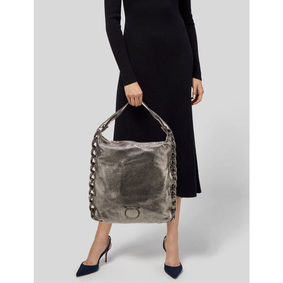 Salvatore Ferragamo Women's Gray Metallic Leather Shoulder Bag - Picture 4 of 11